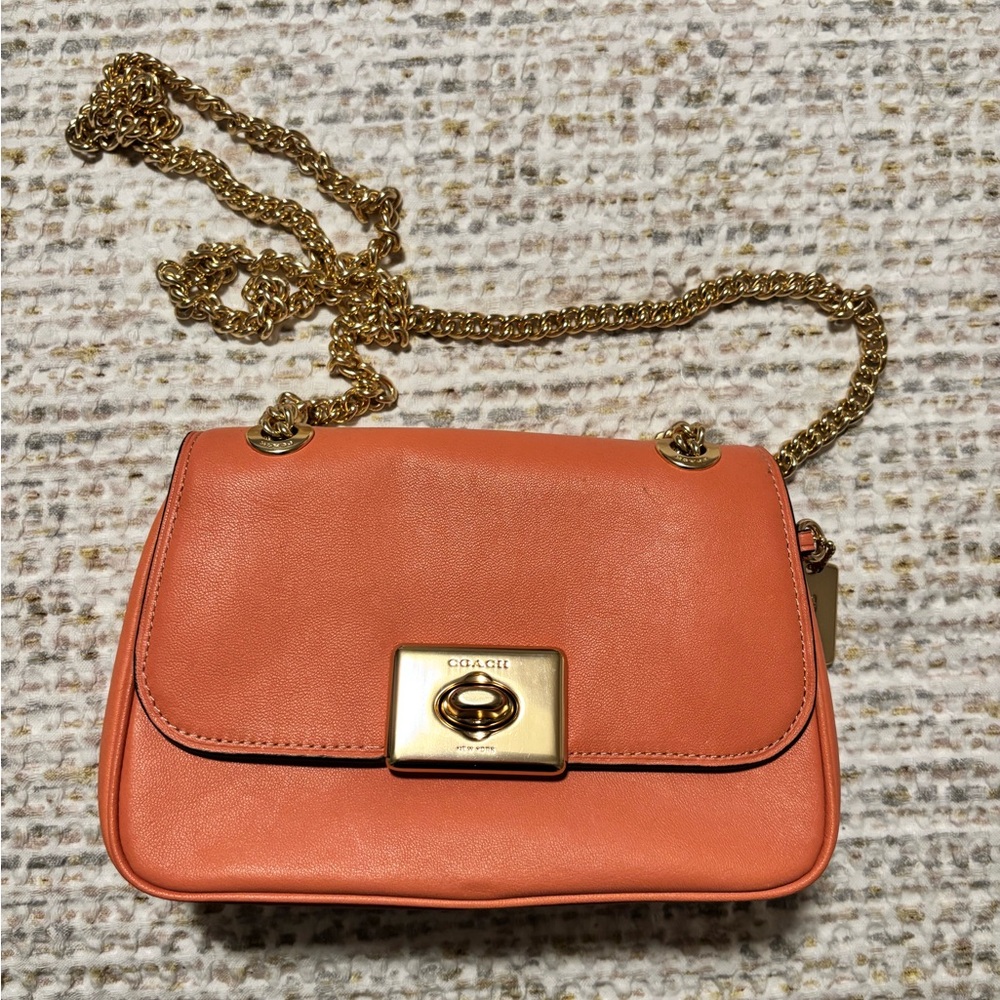 Coach Coral Orange Leather Crossbody with Gold Chain